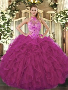 Fuchsia Sleeveless Organza Lace Up 15 Quinceanera Dress for Sweet 16 and Quinceanera