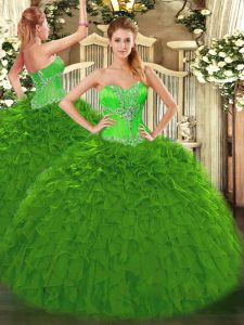 Fitting Green Sleeveless Organza Lace Up Quince Ball Gowns for Sweet 16 and Quinceanera