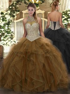 Halter Top Sleeveless Tulle Quinceanera Gown Beading and Ruffles Lace Up