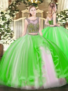 Amazing Sleeveless Tulle Floor Length Lace Up Quince Ball Gowns in with Beading and Ruffles