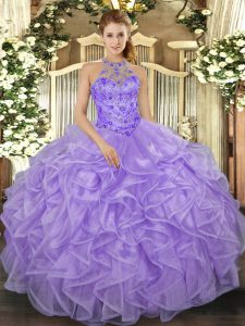Lavender Lace Up Sweet 16 Quinceanera Dress Beading and Ruffles Sleeveless Floor Length