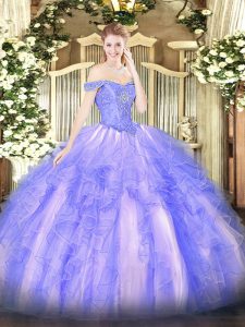 Traditional Sleeveless Tulle Floor Length Lace Up Sweet 16 Dresses in Lavender with Beading and Ruffles