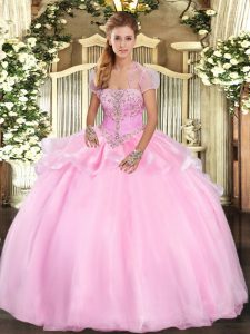 Nice Sleeveless Organza Floor Length Lace Up Quinceanera Dress in Baby Pink with Appliques