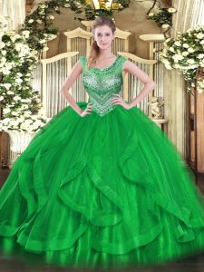 Green Sleeveless Tulle Lace Up Quinceanera Dress for Sweet 16 and Quinceanera