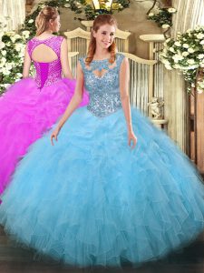 Fancy Aqua Blue Lace Up Scoop Beading and Ruffles Sweet 16 Dresses Tulle Sleeveless