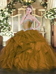 Sleeveless Organza Floor Length Lace Up Quinceanera Gown in Brown with Beading and Ruffles
