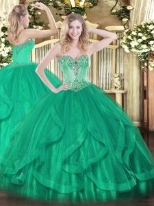 Turquoise Sleeveless Floor Length Beading and Ruffles Lace Up 15th Birthday Dress