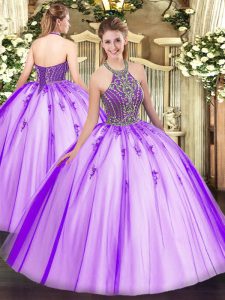 Beading Quinceanera Gown Eggplant Purple Lace Up Sleeveless Floor Length