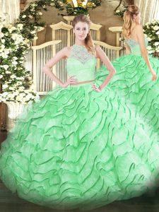 Apple Green Zipper 15 Quinceanera Dress Lace and Ruffles Sleeveless Brush Train