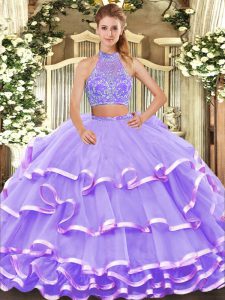 Lavender Sleeveless Beading and Ruffled Layers Floor Length 15th Birthday Dress