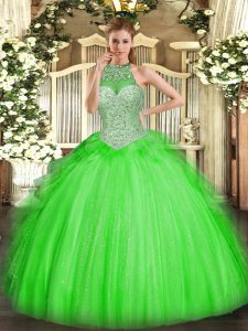 Tulle Lace Up Halter Top Sleeveless Floor Length Sweet 16 Dress Beading and Ruffles