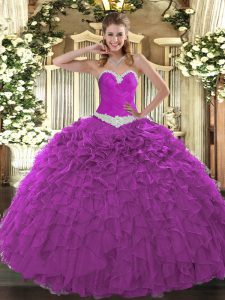 Fuchsia Organza Lace Up Sweetheart Sleeveless Floor Length Quinceanera Dresses Appliques and Ruffles