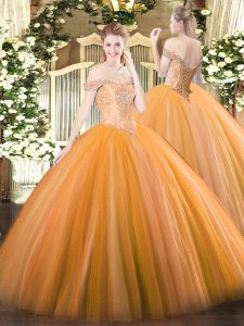 Off The Shoulder Sleeveless Sweet 16 Quinceanera Dress Floor Length Beading Orange Tulle