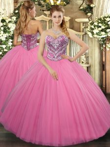 Best Selling Rose Pink Sleeveless Tulle Lace Up Quinceanera Dresses for Military Ball and Sweet 16 and Quinceanera