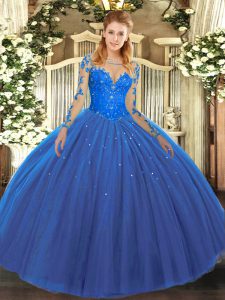 Enchanting Ball Gowns 15th Birthday Dress Blue Scoop Tulle Long Sleeves Floor Length Lace Up