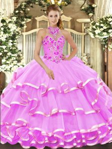 Cute Halter Top Sleeveless Organza Ball Gown Prom Dress Beading and Embroidery Lace Up