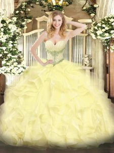 Yellow Sleeveless Floor Length Beading and Ruffles Lace Up Quinceanera Gowns