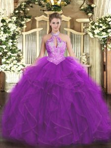 Dramatic Sleeveless Organza Floor Length Lace Up Sweet 16 Dress in Purple with Ruffles and Sequins