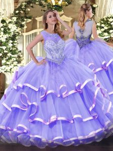 Luxurious Organza Scoop Sleeveless Zipper Beading and Ruffled Layers Quinceanera Gowns in Lavender