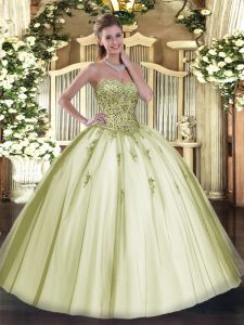 Olive Green Ball Gowns Beading Quinceanera Gown Lace Up Tulle Sleeveless Floor Length
