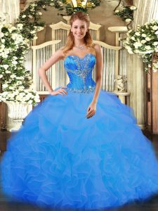 Cute Blue Ball Gowns Organza Sweetheart Sleeveless Beading and Ruffles Floor Length Lace Up Quinceanera Dress