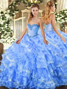 Baby Blue Sleeveless Floor Length Beading and Ruffled Layers Lace Up Quinceanera Gown