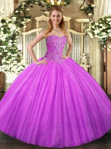 Hot Selling Floor Length Lilac Sweet 16 Dress Tulle Sleeveless Beading