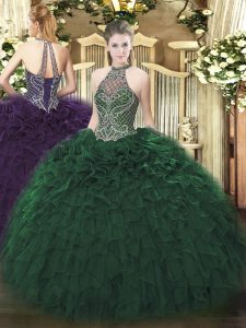 Captivating Halter Top Sleeveless Taffeta Sweet 16 Dresses Beading and Ruffles Lace Up