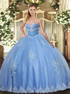 Pretty Blue Sleeveless Tulle Lace Up Sweet 16 Dresses for Military Ball and Sweet 16 and Quinceanera