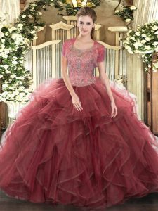 Sleeveless Floor Length Beading and Ruffled Layers Clasp Handle Quinceanera Gowns with Burgundy