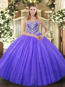 Purple Ball Gowns Beading 15 Quinceanera Dress Lace Up Tulle Sleeveless Floor Length