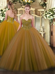 Top Selling Sweetheart Sleeveless Lace Up Quinceanera Gowns Brown Tulle