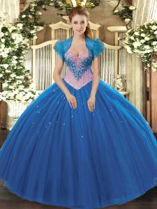 Tulle Sweetheart Sleeveless Lace Up Beading Vestidos de Quinceanera in Blue
