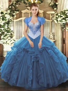 Low Price Blue Sleeveless Beading Floor Length Quinceanera Dresses