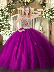 Custom Made Floor Length Two Pieces Sleeveless Fuchsia Vestidos de Quinceanera Lace Up