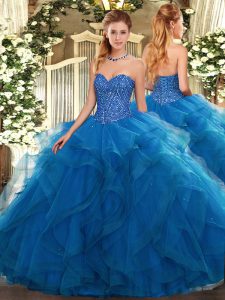 Eye-catching Blue Ball Gowns Sweetheart Sleeveless Tulle Floor Length Lace Up Beading and Ruffles Vestidos de Quinceanera