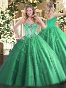 Popular Sleeveless Tulle Floor Length Lace Up Ball Gown Prom Dress in Turquoise with Beading and Appliques