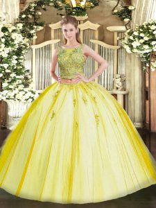 Trendy Yellow Tulle Lace Up Quinceanera Dress Sleeveless Floor Length Beading and Appliques