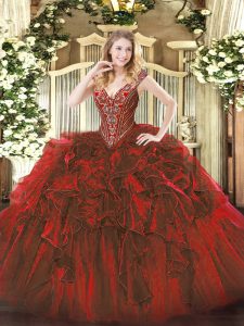 Wine Red Sleeveless Floor Length Beading and Ruffles Lace Up Ball Gown Prom Dress