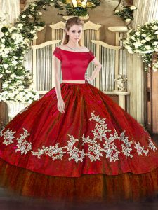 Exceptional Wine Red Off The Shoulder Zipper Embroidery 15th Birthday Dress Short Sleeves