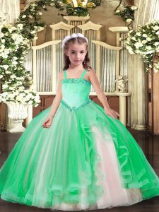Fashionable Sleeveless Tulle Floor Length Lace Up Little Girls Pageant Dress Wholesale in Turquoise with Appliques