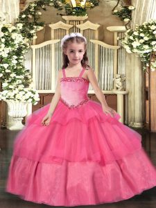 Floor Length Hot Pink Glitz Pageant Dress Organza Sleeveless Appliques and Ruffled Layers