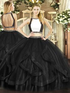 Chic Black Tulle Backless Sweet 16 Dresses Sleeveless Floor Length Ruffles