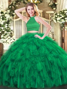 Deluxe Sleeveless Floor Length Beading and Ruffles Backless Quinceanera Dresses with Green