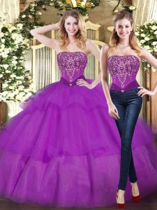 Most Popular Eggplant Purple Lace Up Strapless Beading and Ruffled Layers Vestidos de Quinceanera Tulle Sleeveless