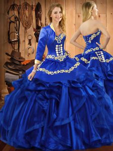 Sleeveless Floor Length Embroidery and Ruffles Lace Up 15 Quinceanera Dress with Royal Blue