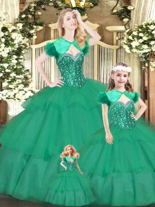 Delicate Green Lace Up Sweetheart Beading and Ruffled Layers 15 Quinceanera Dress Organza Sleeveless