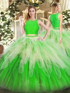 Modern Scoop Sleeveless Organza Ball Gown Prom Dress Lace and Ruffles Zipper