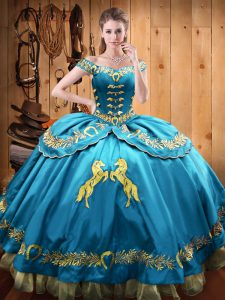 Smart Baby Blue Off The Shoulder Neckline Beading and Embroidery Quinceanera Dresses Sleeveless Lace Up