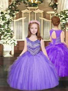 Floor Length Lace Up Little Girl Pageant Dress Lavender for Party and Quinceanera with Beading and Ruffles